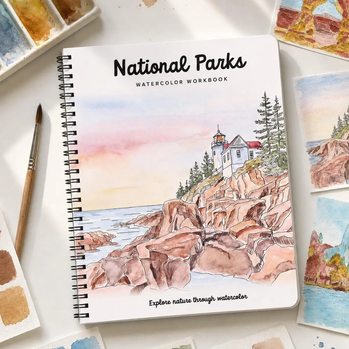 Lindo livro de aquarela para iniciantes com 10 designs de parques nacionais | Livro de exercícios de pintura em aquarela guiada em papel de qualidade - Livro de atividades relaxantes para adultos e um