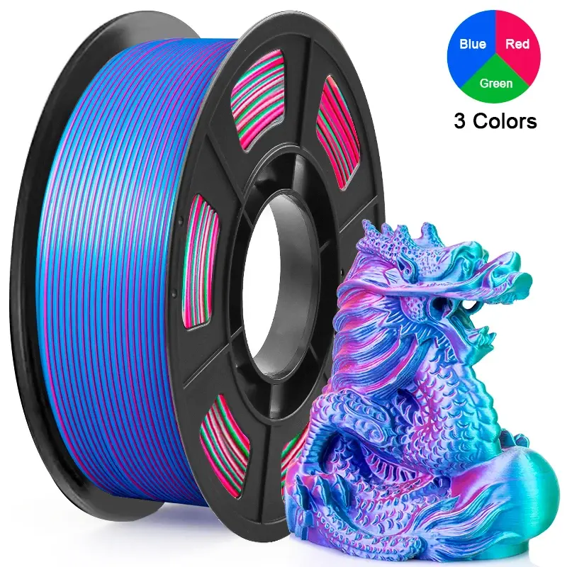 250g (0,55lbs), Filamento PLA de Seda Tricolor para Impressora 3D, Filamento Multicolorido de 1,75mm para Impressão 3D, Filamento Vermelho, Azul e Verde - 1