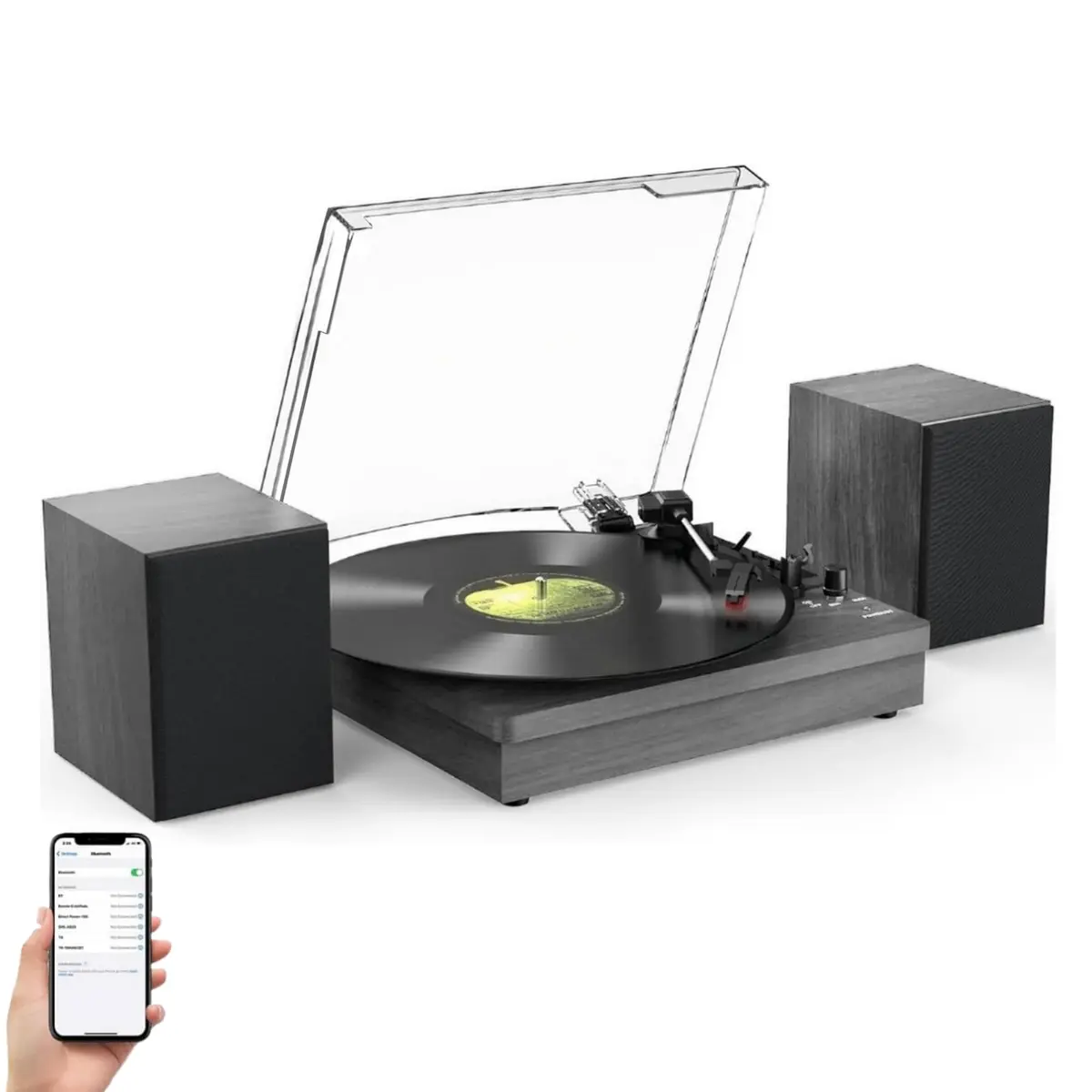 VEDO Toca-Discos Retro Bluetooth, 2 Alto-Falantes Estéreo, 3 Velocidades (33/45/78 RPM) Para Vinil, Conversor LP/MP3 via USB, Saída RCA, Design Retrô Em Madeira Preta, Escolha Amantes Música