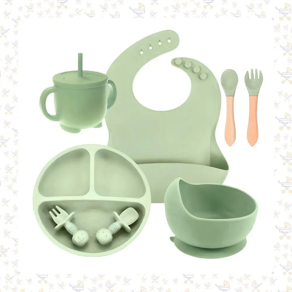 Kit Introdução Alimentar Bebe 8 Peças Antiderrapante BPA Free Prato Dividido Talheres Copo e Babador Infantil Seguro Resistente e Fácil de Limpar (Verde Claro)