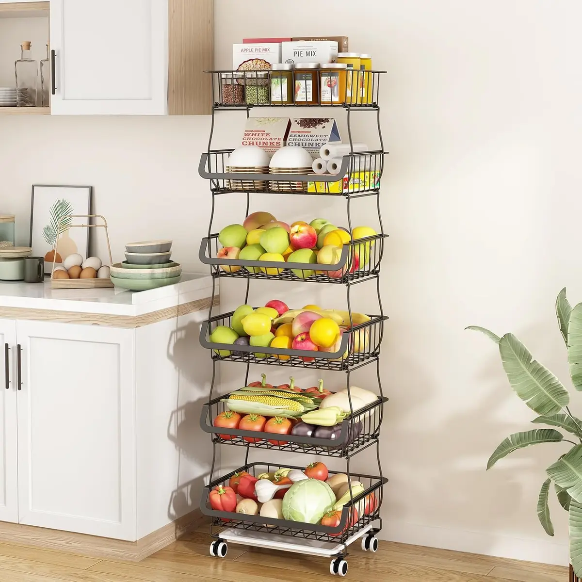 Fruteira De Chão Cozinha 6 Cestos de Armazenamento de Frutas e Verduras, Carrinho Organizador 6 Níveis com Rodas de Bloqueio para Cebolas Batatas Cor Preta