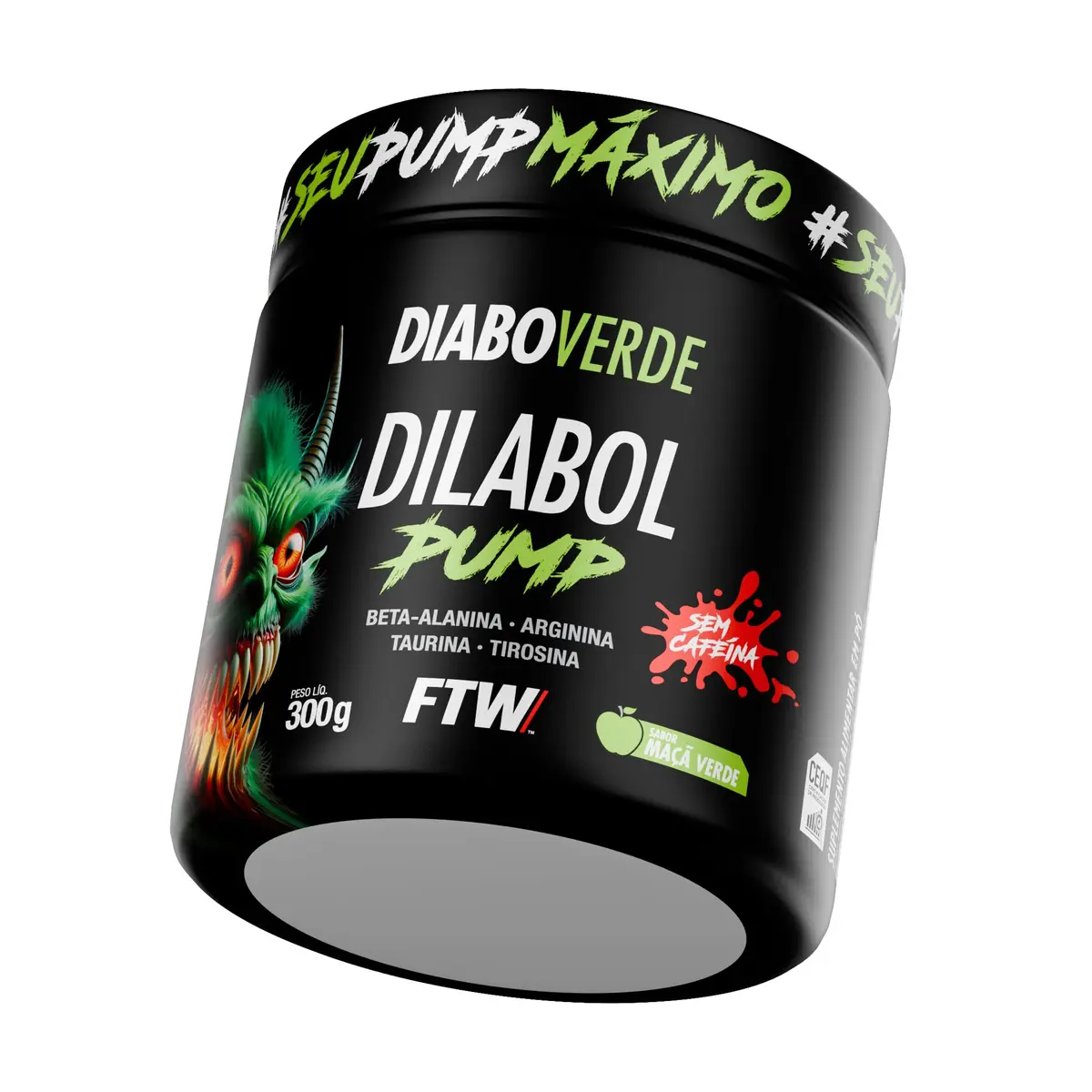 Pré Treino Dilabol Pump Sem cafeína Diabo Verde Pote 300g Sabor Maça Verde - FTW Pré Workout com Beta-Alanina, Arginina, Taurina, Tirosina, Zinco e Cromo - 1