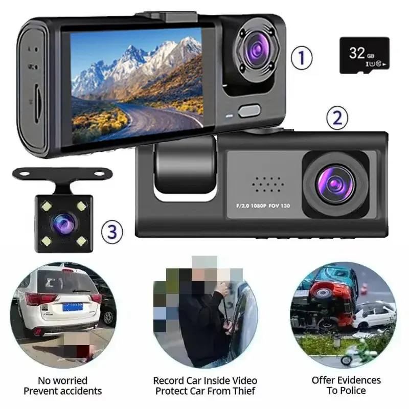 Dash Cam com gravação em loop de visão noturna IR e tela IPS de 2 "1080P 3 câmeras, gravador DVR, gravador de vídeo, DVR de veículo - 1