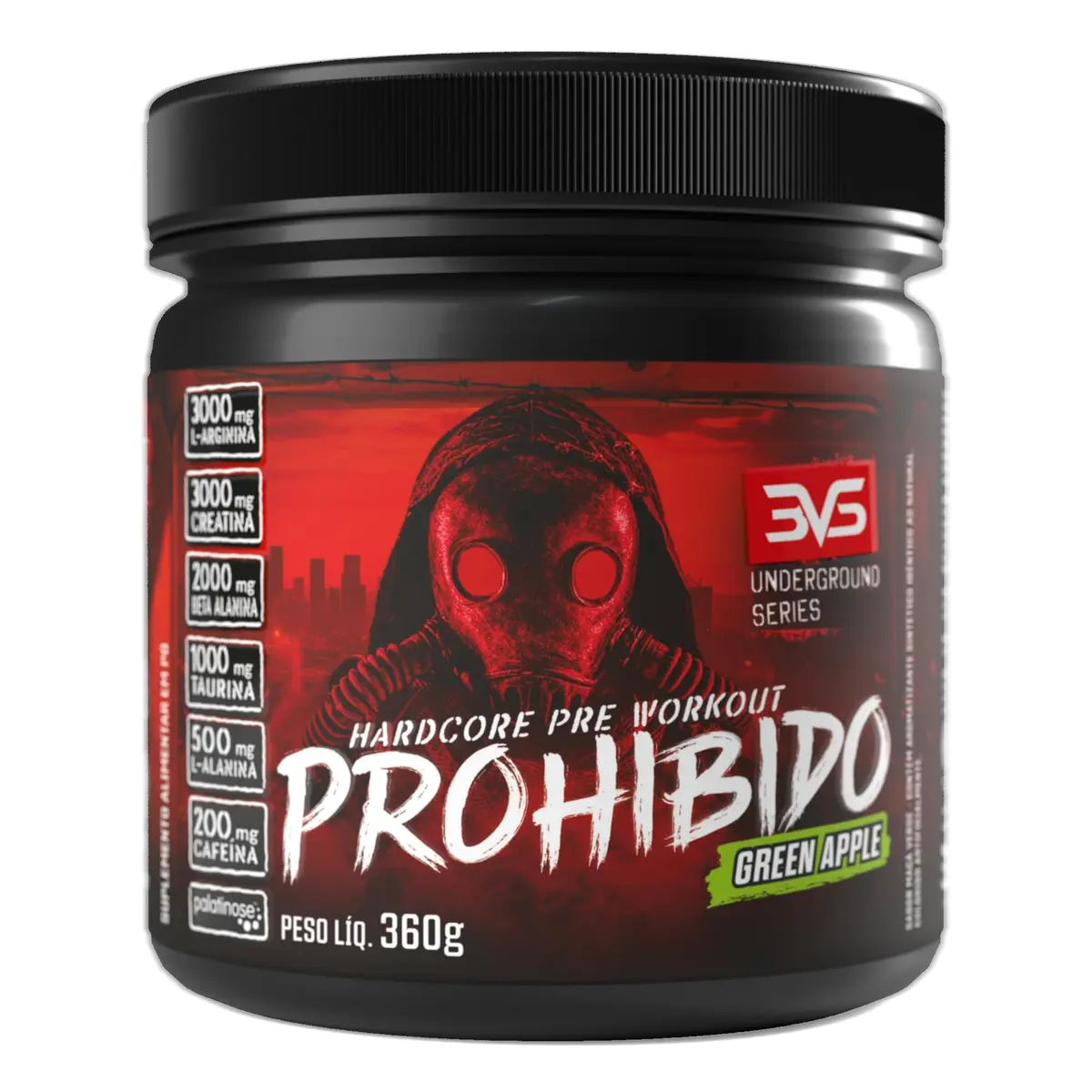 Pré-Treino Prohibido Maçã Verde 360g 3VS Nutrition | Hardcore Underground · Cafeína 200mg por Dose + Beta Alanina + Creatina