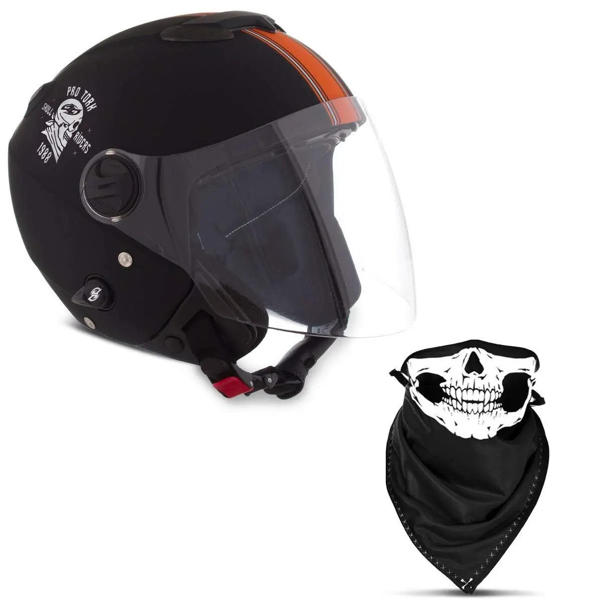 CAPACETE ABERTO PRO TORK NEW ATOMIC SKULL RIDERS PRETO - LARANJA FOSCO TAM. 60