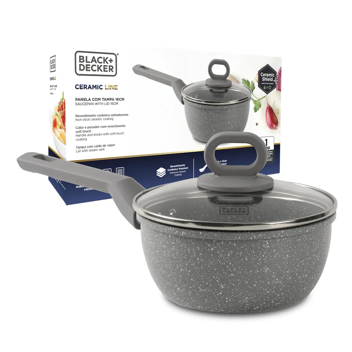 BLACK+DECKER PANELA COM TAMPA 18 CM 2,2 LITROS CERAMIC LINE - CORPO COM REVESTIMENTO CERÂMICO COM EXTERIOR NA COR CINZA E BASE COMPATÍVEL COM INDUÇÃO - GREY MARBLE