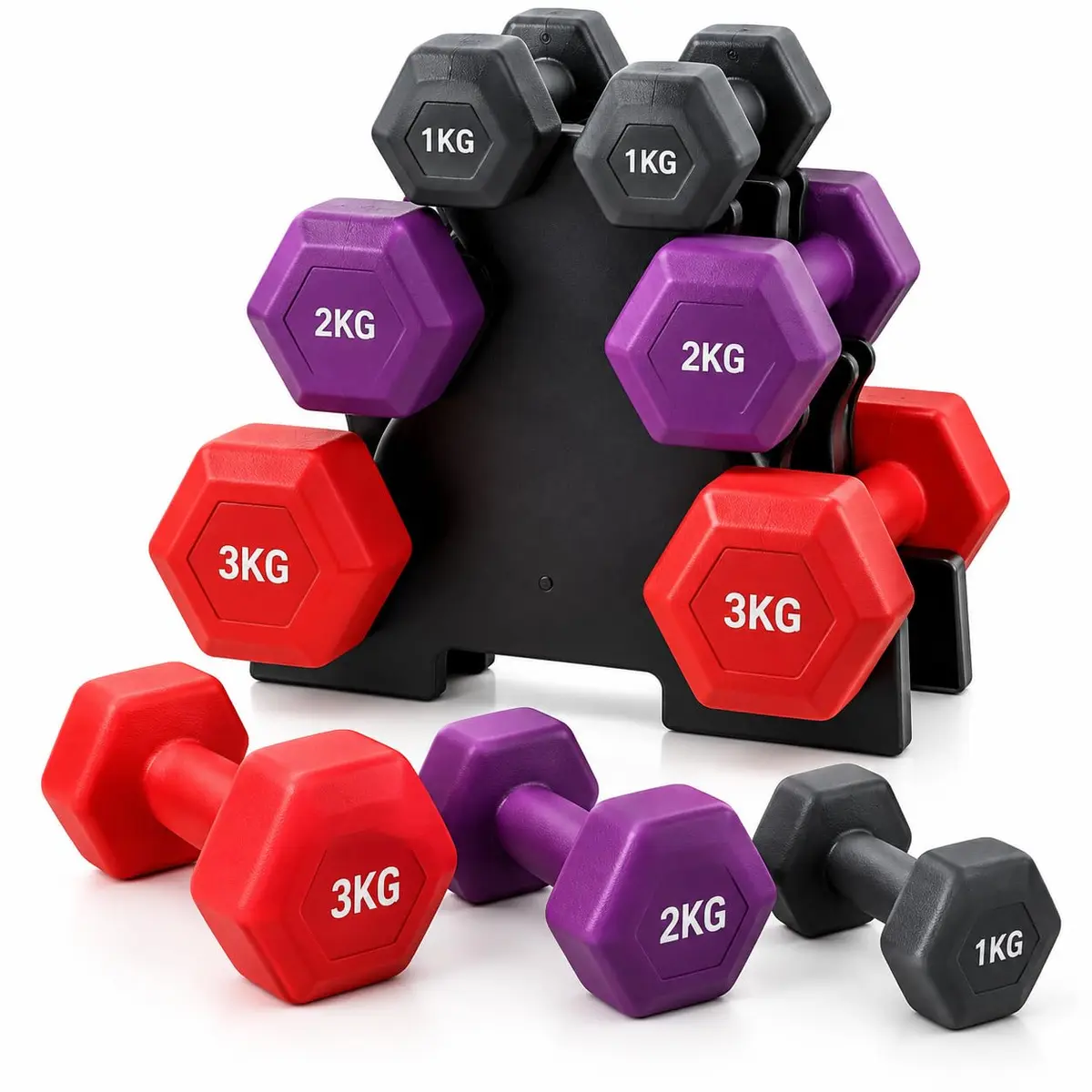 Kit de Halteres com Suporte – 3 Pesos, Cores Roxo e Vermelho Ideal para Exercícios em Casa