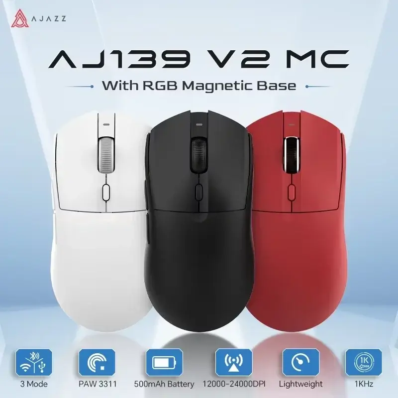 Mouse Gamer Sem Fio AJAZZ AJ139 V2 MC/AJ139 PRO com Sensor PAW3311/PAW3395 12000DPI/26000DPI 500mAh Bluetooth para PC