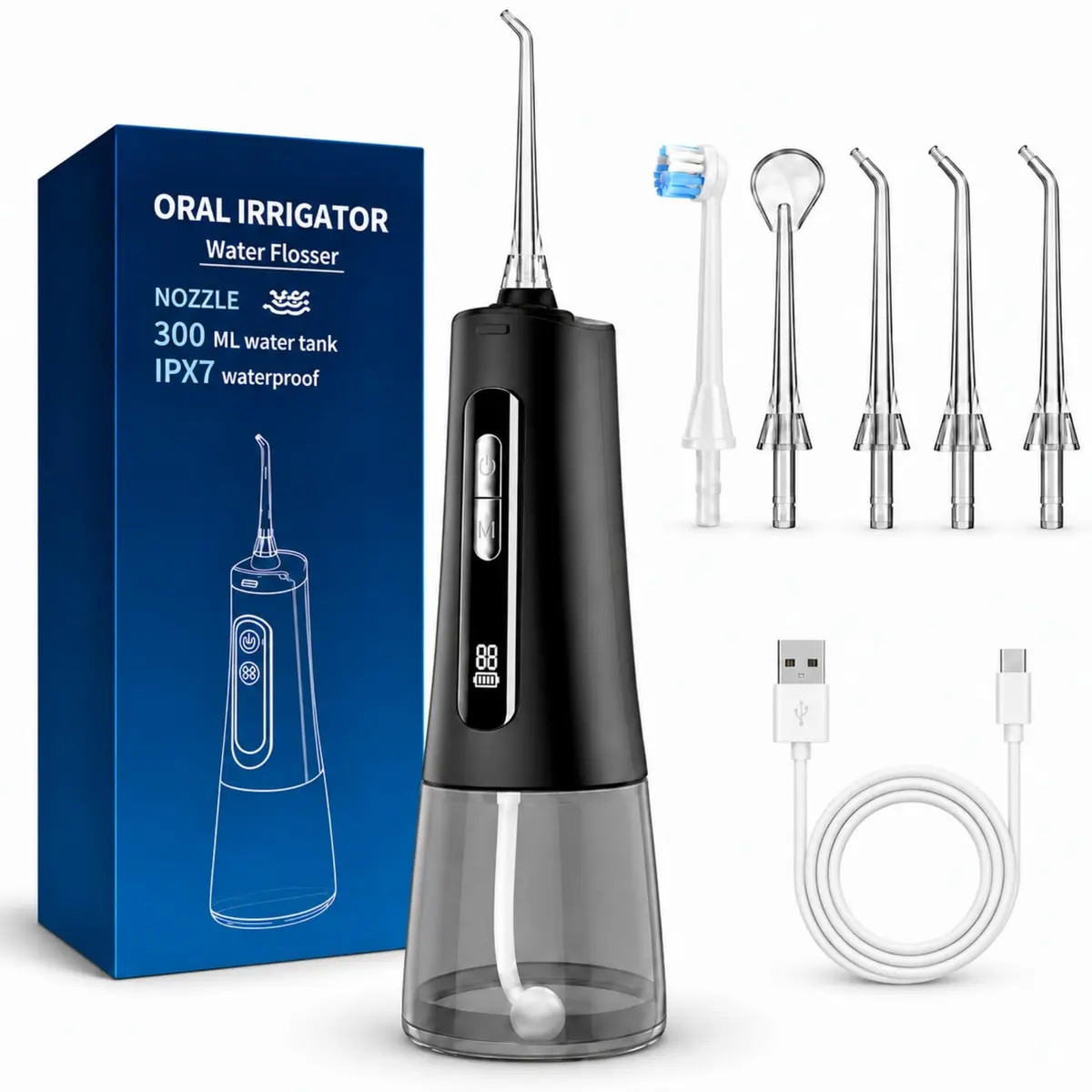 Irrigador Oral Portátil com Jato de Água Supersônico, 9 Modos de Limpeza | Tanque de 300ML, Ideal para Aparelhos Ortodônticos, Autonomia Estendida, Design Compacto e Leve para Viagens, Preto