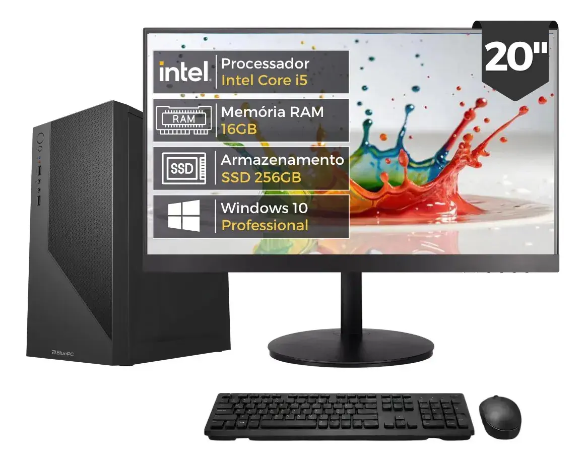 Computador Completo Intel Core i5 4570 (4ª Geração), 16GB RAM, SSD 256GB, Monitor 20" 75Hz HDMI, Windows 10 Pro, Preto, Bivolt - BluePC Office CDF-099OF