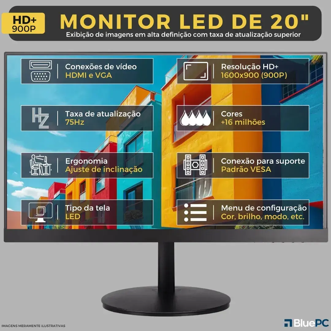 Computador Completo Intel Core i5 4570 (4ª Geração), 16GB RAM, SSD 256GB, Monitor 20" 75Hz HDMI, Windows 10 Pro, Preto, Bivolt - BluePC Office CDF-099OF thumbnail 3