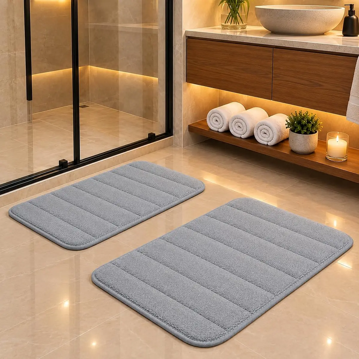 Kit com 2 Tapetes de Banheiro Mágico Premium Ultra Absorvente Cinza (Cinza) | Toque Extremamente Macio, Confortável para os Pés, Acabamento Premium, Uso no Banheiro, Kit com 2 Unidades