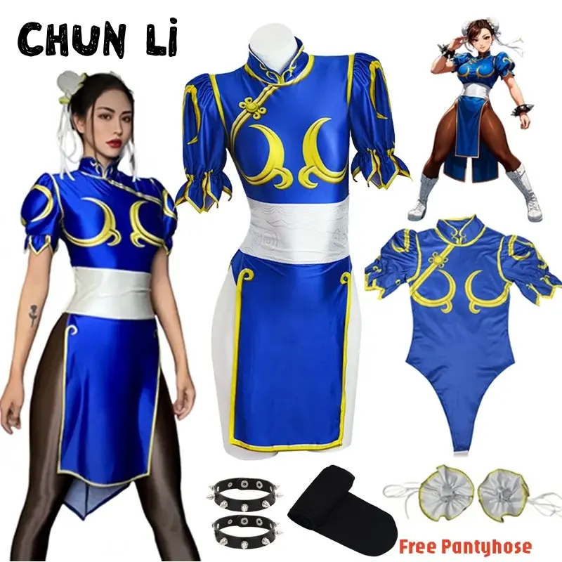 Feminino street fighter chun li cosplay traje jogo lutador chunli azul cheongsam com cocar e cintura traje de halloween - 1