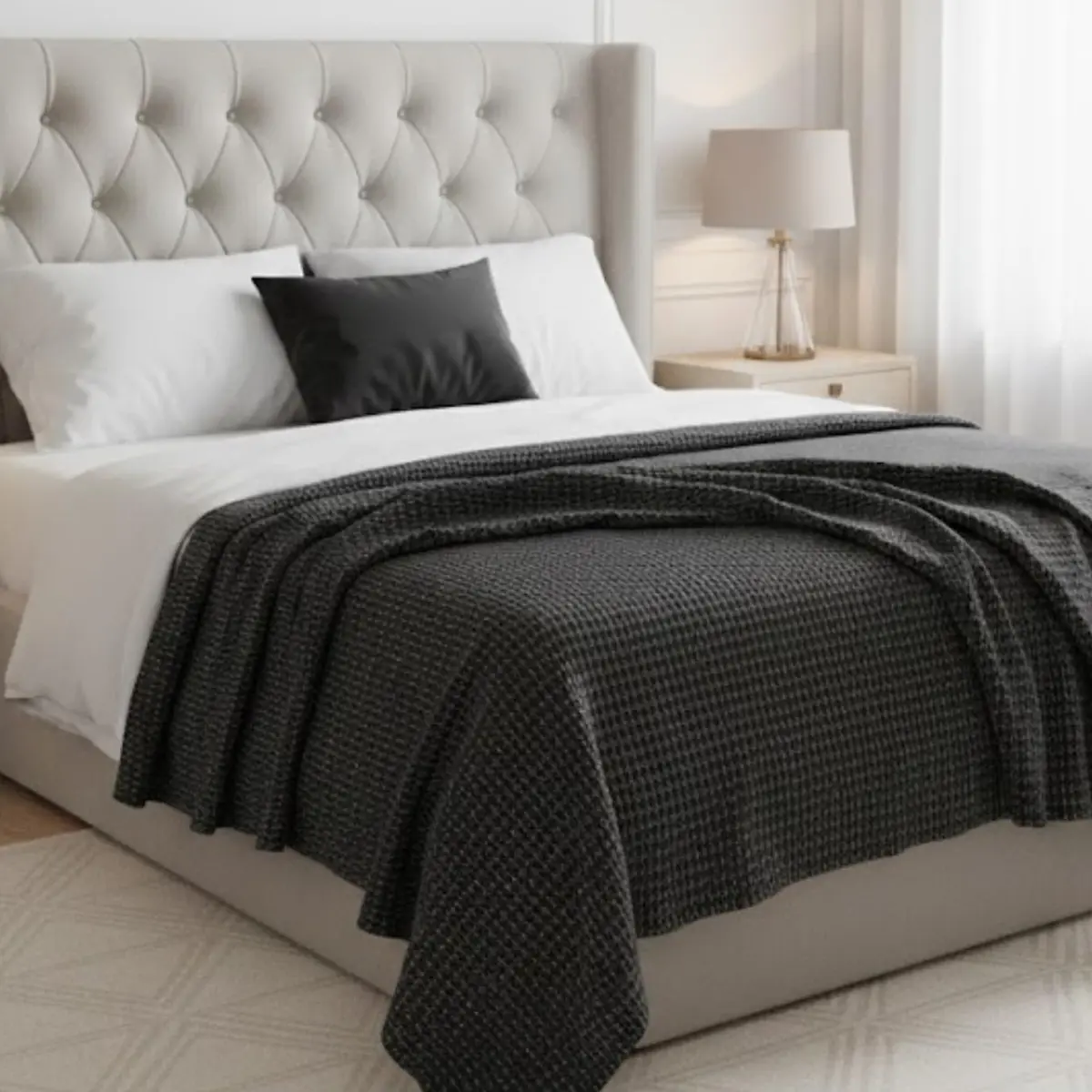 Colcha Casal Piquet Cobre Leito Tecido Algodão Luxo Conforto Toque Macio Leve Cama Casal Elegância Praticidade e Decoração para Quarto (Preto) - 1