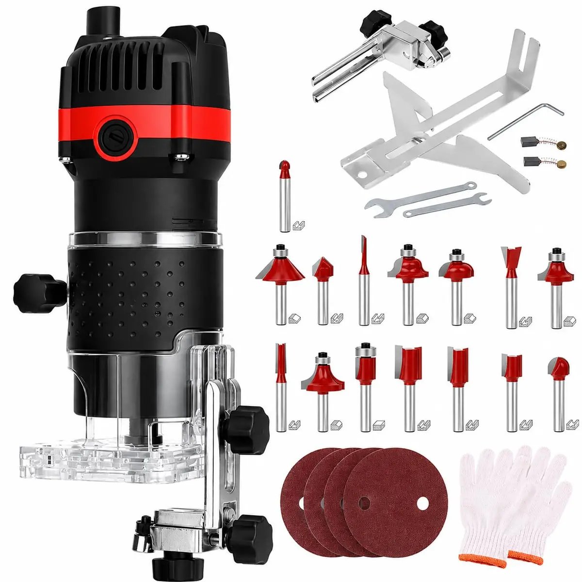 Tupia Laminadora Manual 900W 127V, 33000 RPM, Pinça 6.35 mm, Tupia para Madeira com 15 Fresas, Base Transparente e Guias para Acabamento, Ranhuras e Trabalhos em Madeira