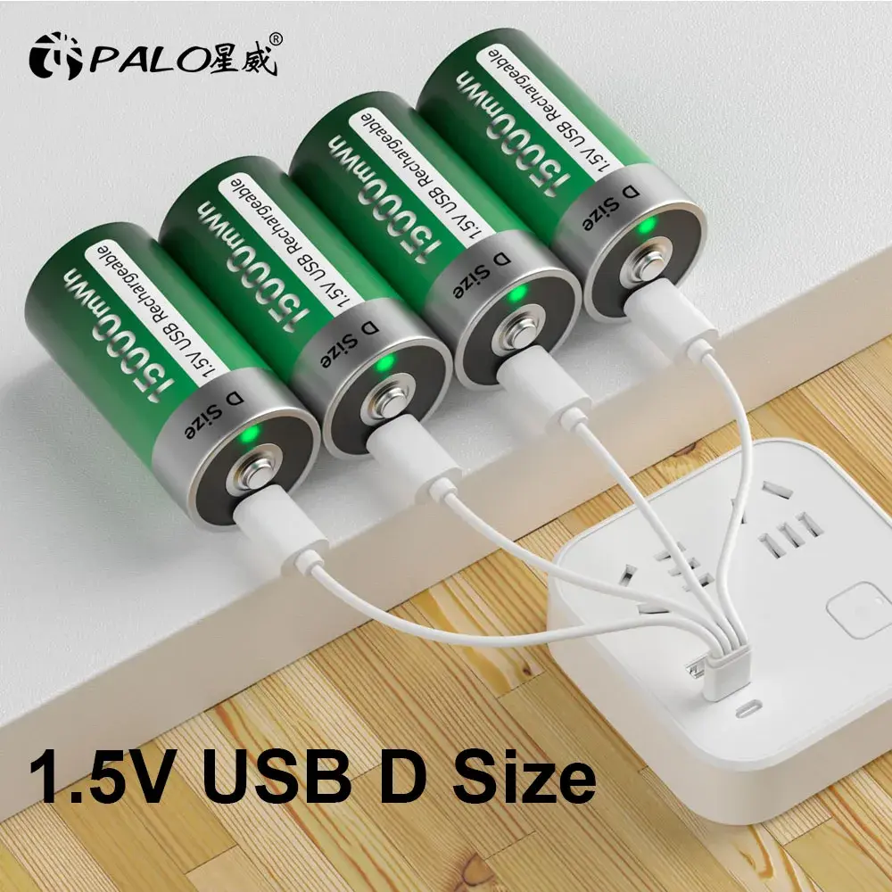 Bateria Recarregável PALO 1.5V Tamanho D com Carregamento USB Tipo-C, Baterias de Íon de Lítio D R20 LR20, Bateria Tipo D para Aquecedor e Fogão a Gás