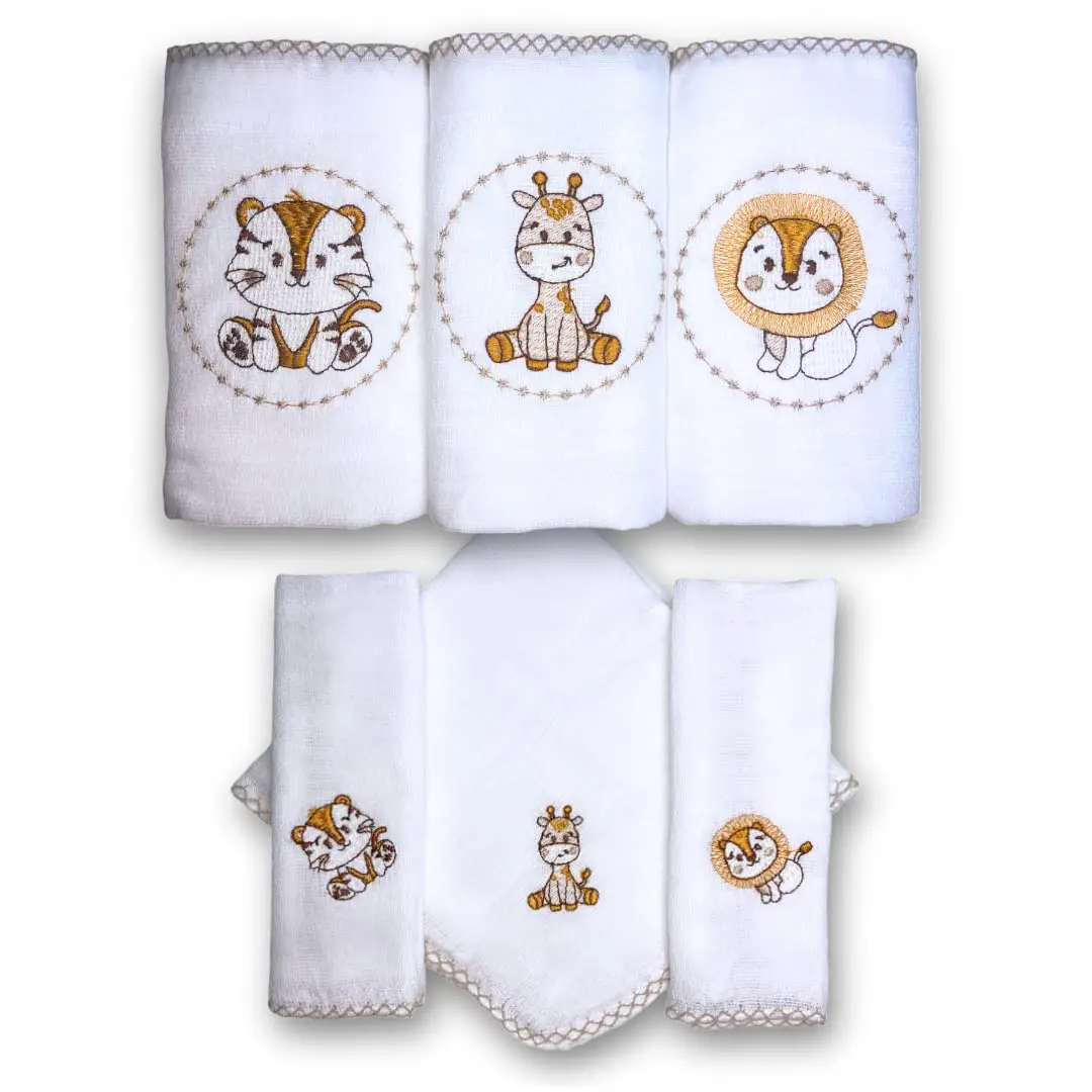 Kit SAFARI com 6 Fraldas De Pano Bordadas (3 De Ombro + 3 De Boca) (BEGE) - 1