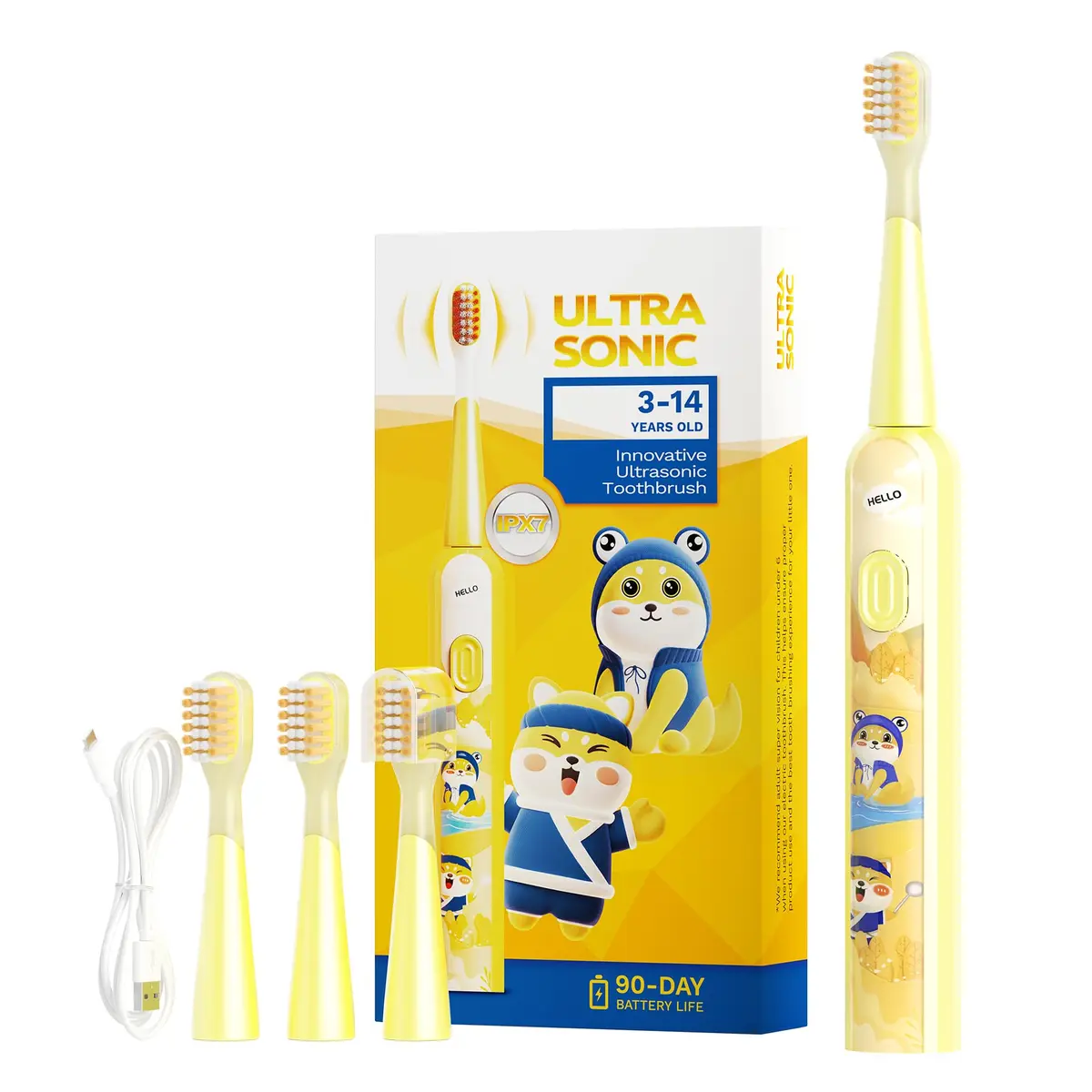 MOMODENT Escova de Dente Elétrica Crianças Sônica, Para 3 a 12 Anos Amarelo | Cerdas Extra Macias, 3 Cabeças Substituíveis, 3 Modos de Vibração, IPX7 à Prova D'Água, Recarregável - 1