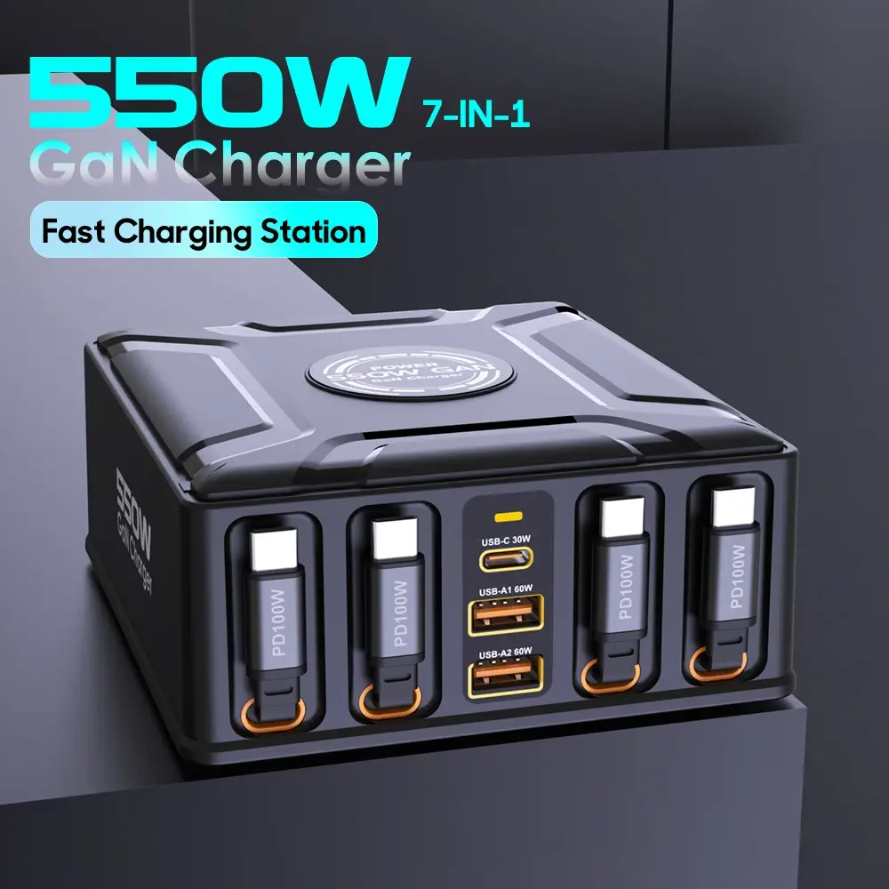 Estação de Carregamento 7 em 1 de 550W com Cabo USB-C Retrátil de 100W, Carregador Rápido GaN para MacBook Pro, iPhone 17, Samsung, Laptop e Tablet