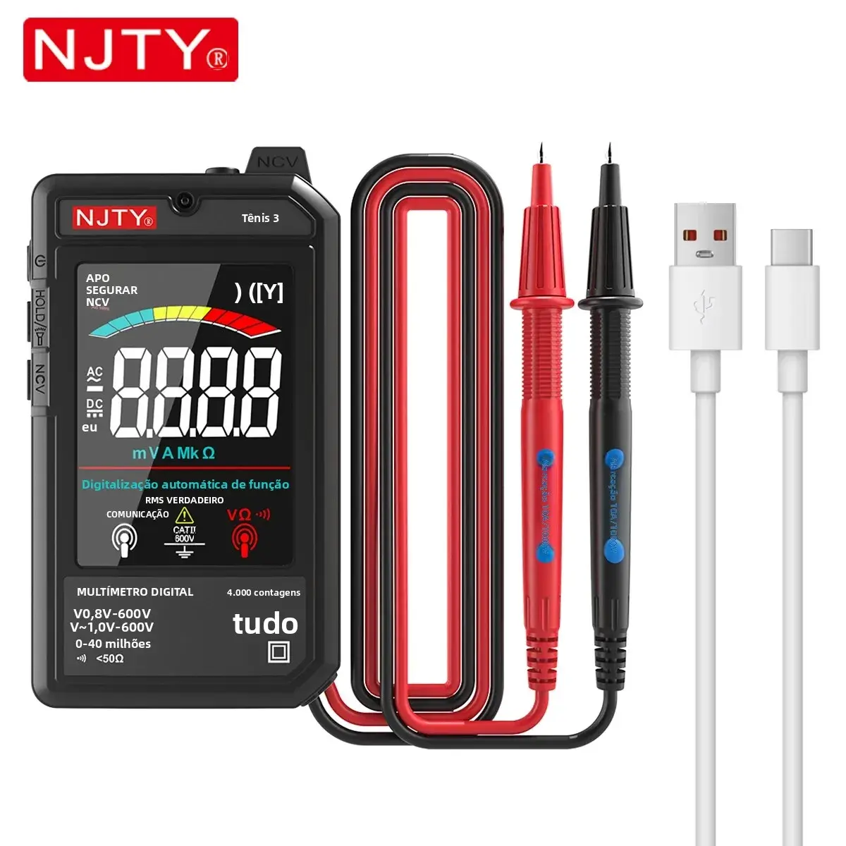 Njty t3 multímetro digital inteligente tipo-c carregamento auto-variando 4000 contagens ultra-fino ncv fio vivo display colorido multímetro ferramenta
