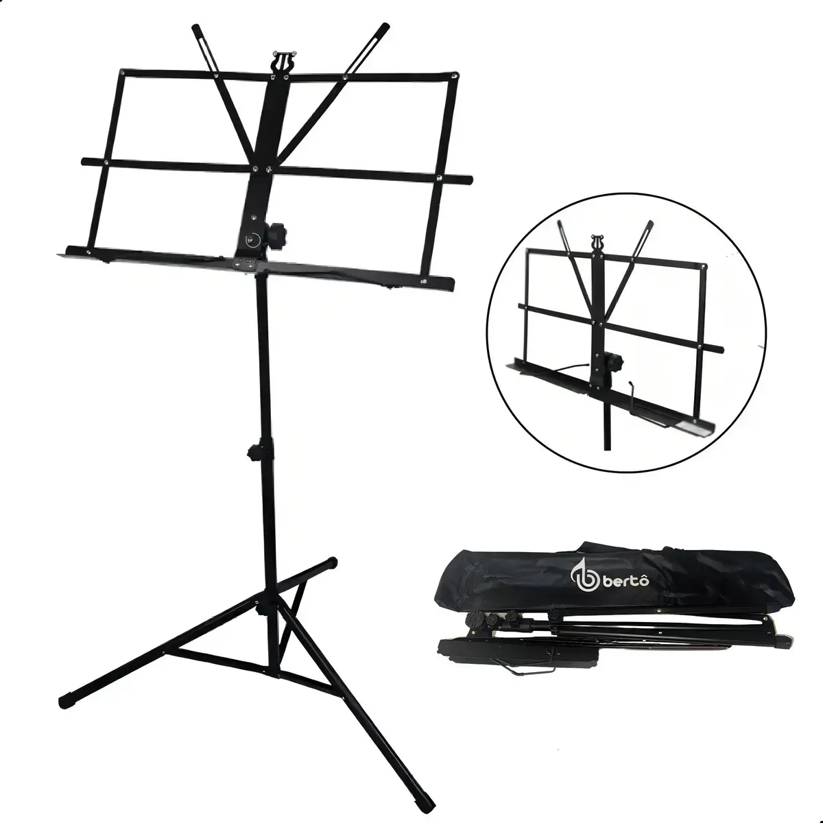 Estante Porta Partitura Bertô Preto Ajustável 75cm-1.3m Dobrável com Bolsa