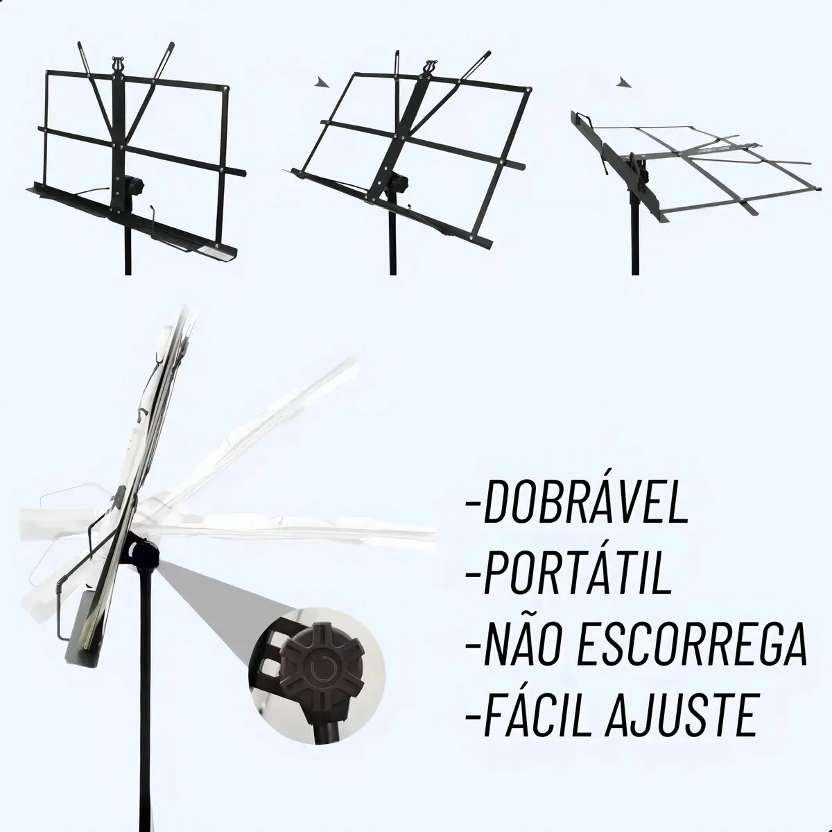 Estante Porta Partitura Bertô Preto Ajustável 75cm-1.3m Dobrável com Bolsa thumbnail 3