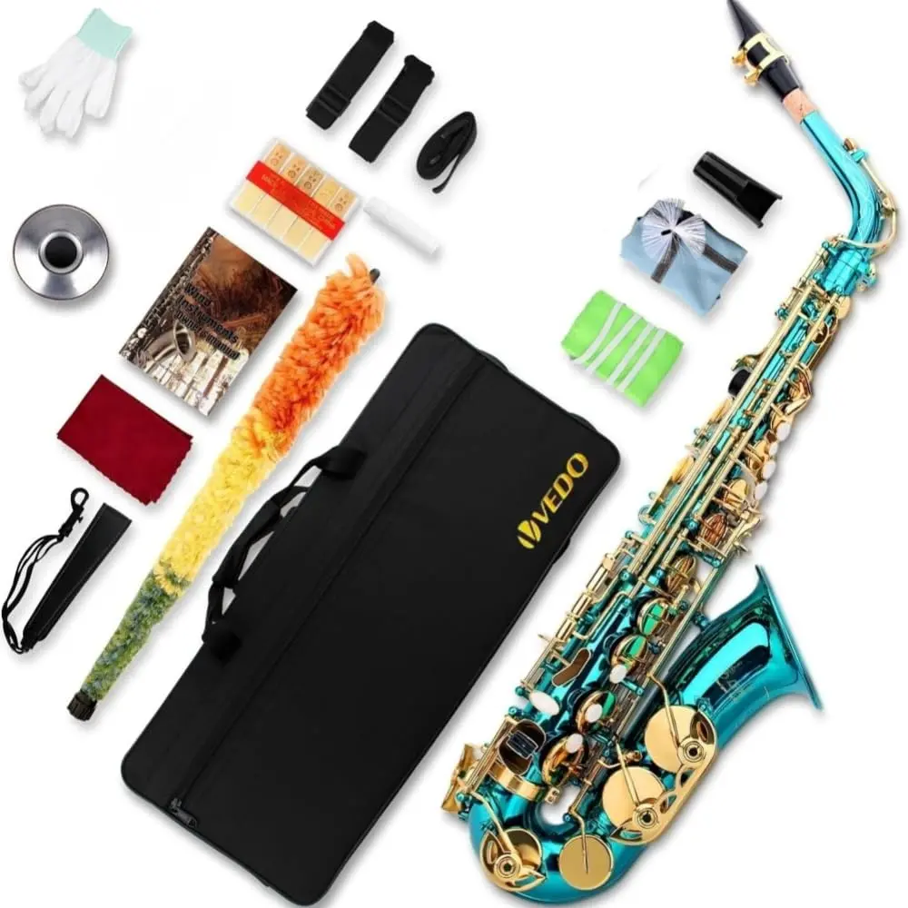 VEDO Saxofone Alto em Mi Bemol (Eb), Banda de Sopro Profissional Acabamento Em Laca Dourada, Para Iniciantes, Saxofone Para Estudantes, Saxofone Alto, Estojo e Completo de AcessóRios, Azul