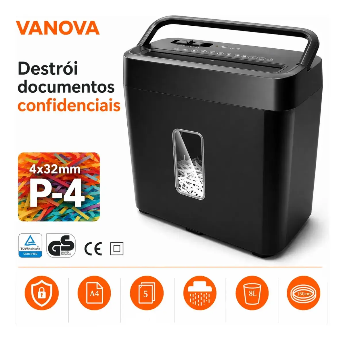 Fragmentadora De Papel 5 Folhas Corte Cruzado 4x30mm 110v/220v Silenciosa Segurança P-4 Triturador De Papel Para Escritório E Home Office Proteção De Documentos Confidenciais Bancários Fiscais Dados