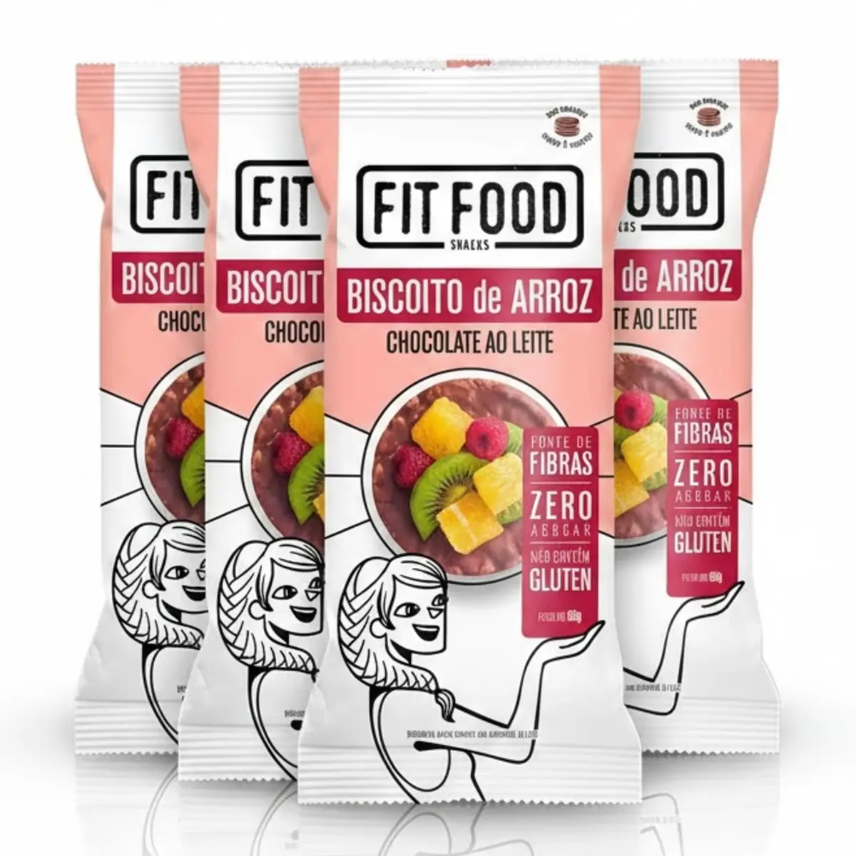 Kit Biscoito de Arroz com Chocolate ao Leite Fit Food 60g c/4 pacotes – Snack Leve, Crocante e Saboroso