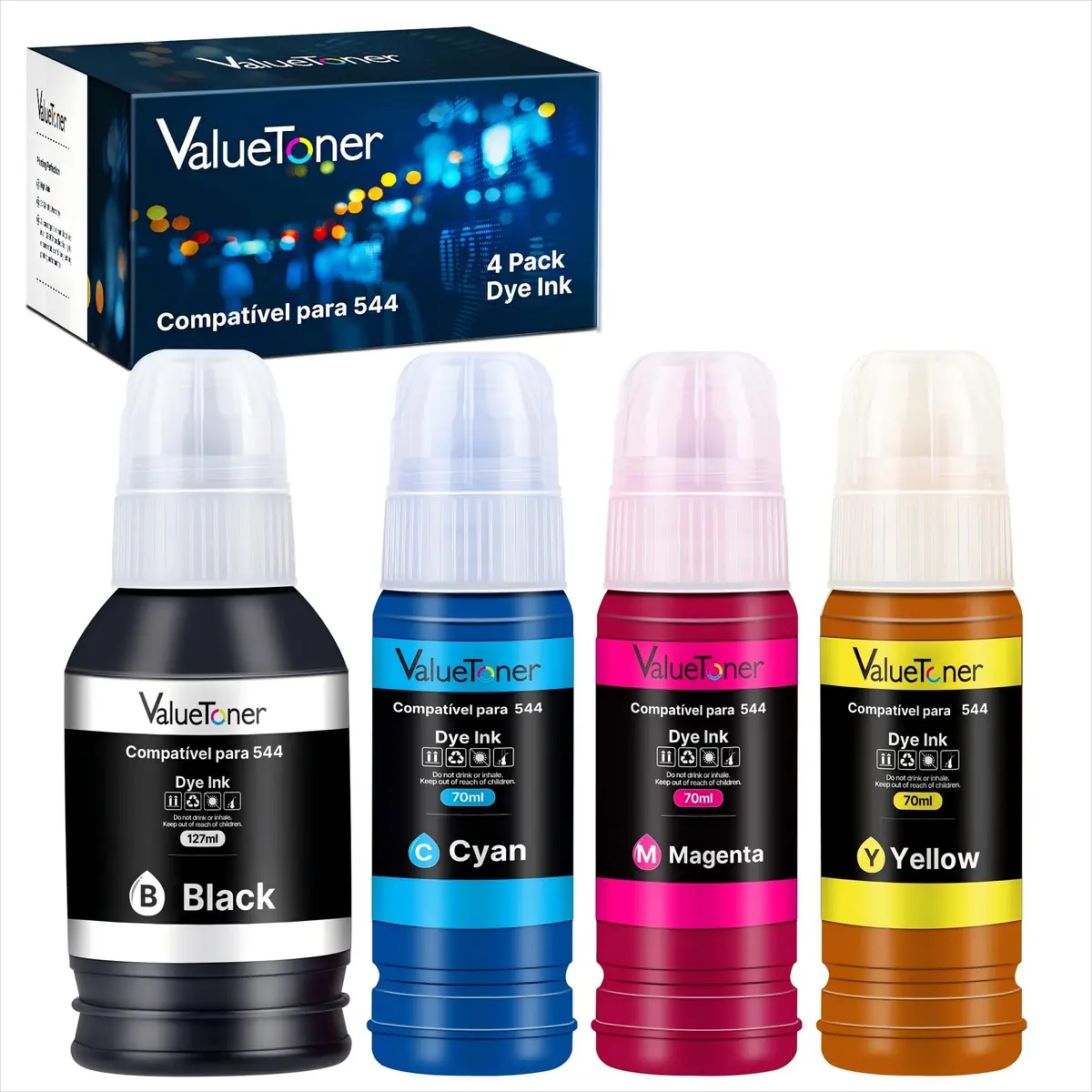 Valuetoner Kit 4 Tintas Compatível para Epson 544 T544 para L3150 L3250 | Compatível com Impressoras Ecotank L1110, L1210, L3110, L3210, L3250, L3251, L5190, L5290 (4 Garrafas) - 1