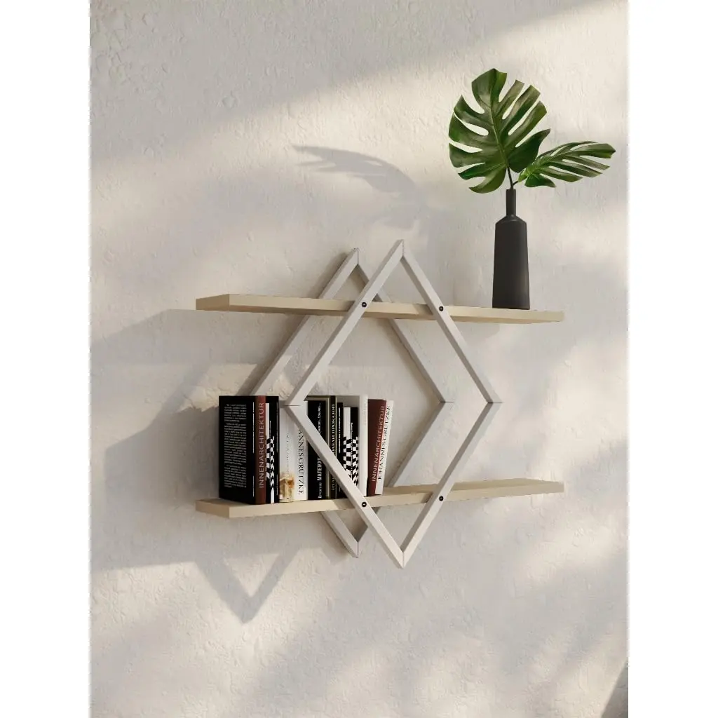 Nicho Industrial Rubi de Parede com 2 Prateleiras(Ferro Branco-White) | Nicho decorativo em formato de losango com estrutura de ferro e 2 prateleiras de 15 mm, ideal para sala, quarto, escritório