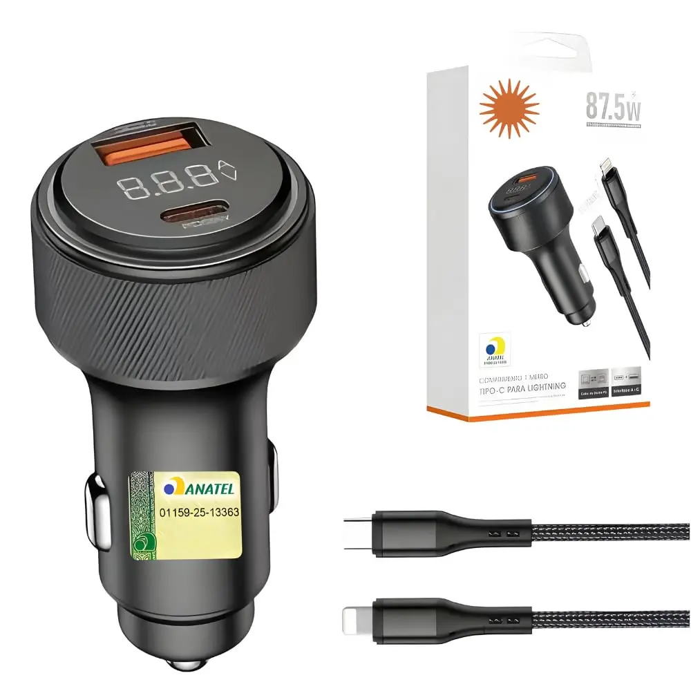 Carregador Veicular Turbo 87,5W + Cabo Turbo Compátivel com iPhone - Carregador de Carro Com 2 Entradas, USB e USB-C, Carregamento Super Rápido + Cabo Turbo, Compatível Com Dispositivos IOS e Android - 1
