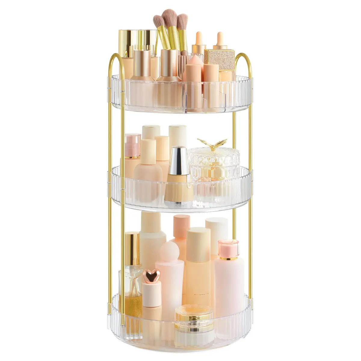 SONGMICS Organizador de Maquiagem Giratório, Organizador de Cosméticos Redondo, 3 Níveis, Armazenamento de Cosméticos, Ajustável, para Penteadeira, Ideia de Presente, Transparente BRJKA011W02