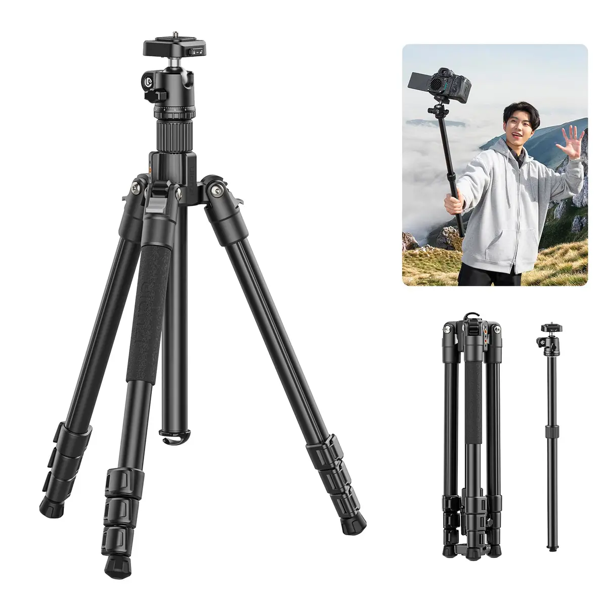 ULANZI TT53 Tripé para DSLR/Celular, 180cm Portátil com Cabeça Esférica 360° e Placa Rápida UKA, Suporte Compacto para Fotografia, Vlog e Vídeo - 1