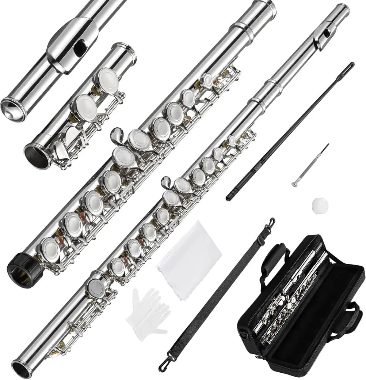 VEDO Flauta C maior Transversal Kit - Boca Corte Biselado, Premium instrumento musical Chaves Ajustáveis, Estojo Portátil e Som Fluido Ideal para Bandas Marciais Presentes Musicais