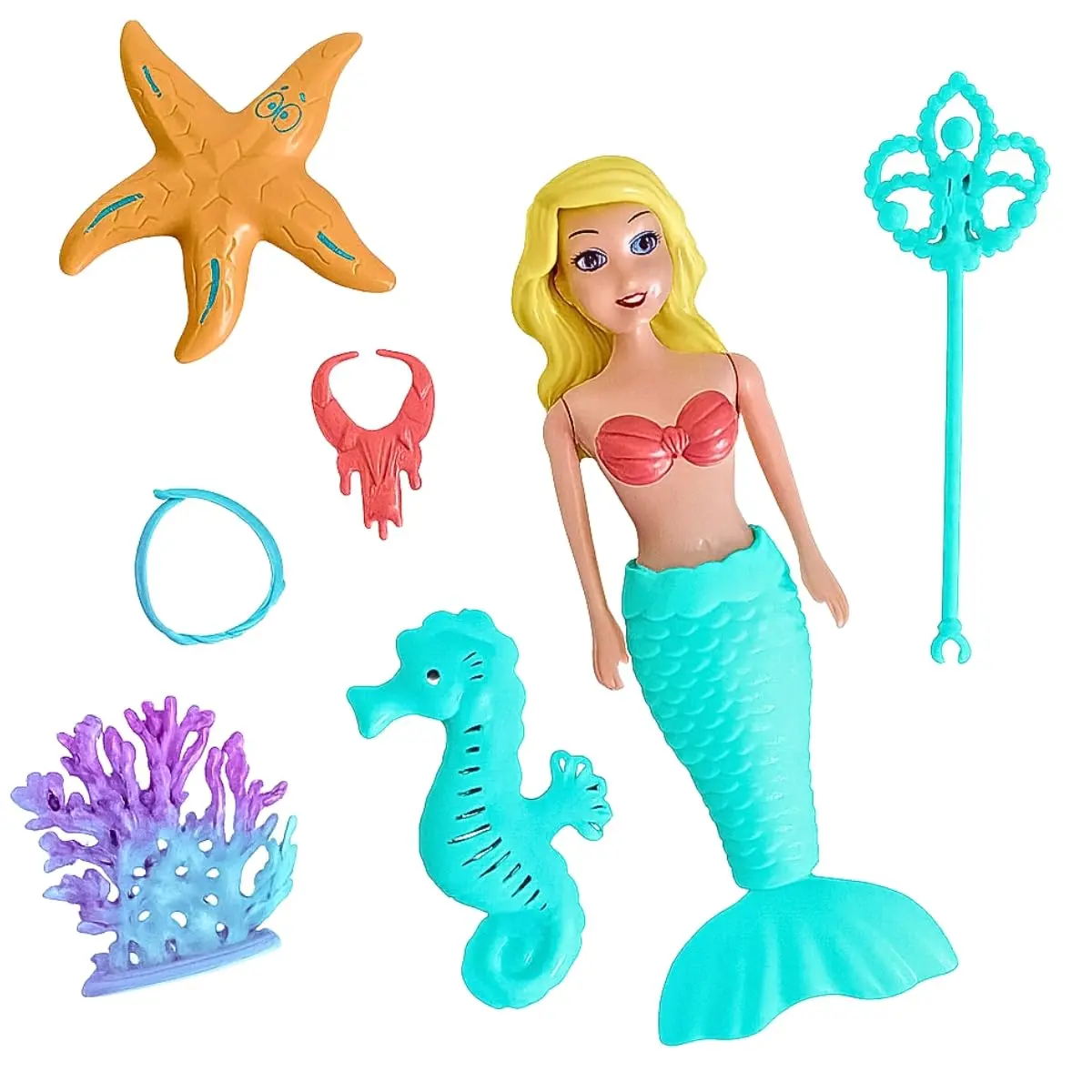Boneca Sereia Mágica Com Acessórios, 7 Peças, Cauda Articulada Azul Turquesa, Conjunto Completo Com Estrela do Mar e Coral Decorativo