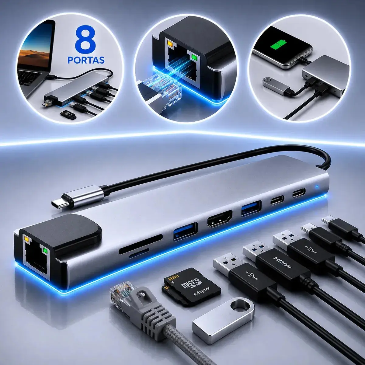 Adaptador Hub Usb Com 8 Portas Rj45 Hdmi 4k Usb 3.0 E 2.0 Tipo C Micro Sd Cartão Ethernet Cabo Thunderbolt Dock Station Dex Macbook Air M1 M2 iPad Type C Tablet Computador Pc Notebook Extensor Cinza