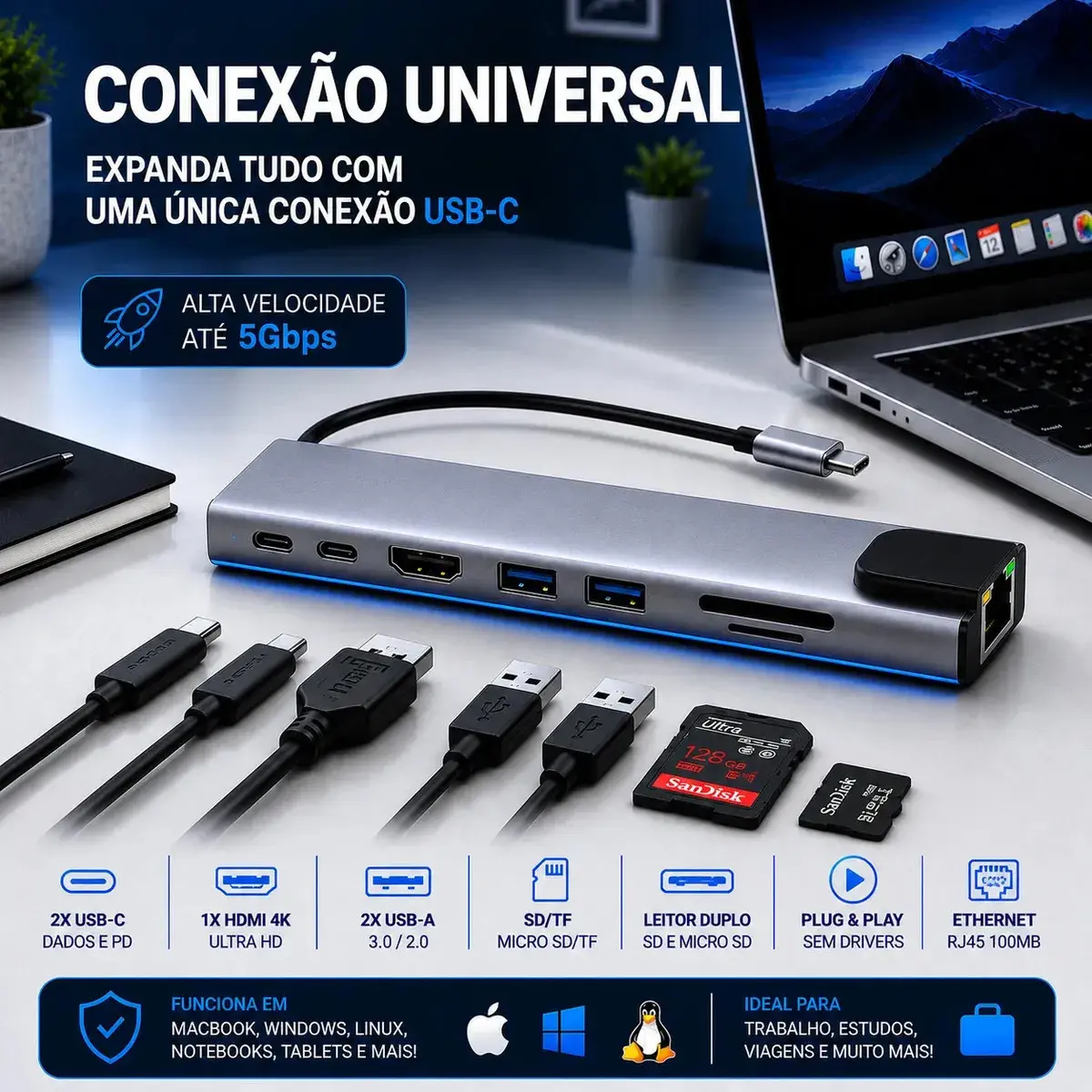 Hub USB-C 8 em 1 Komei com HDMI 4K, RJ45 e USB para MacBook e PC thumbnail 2