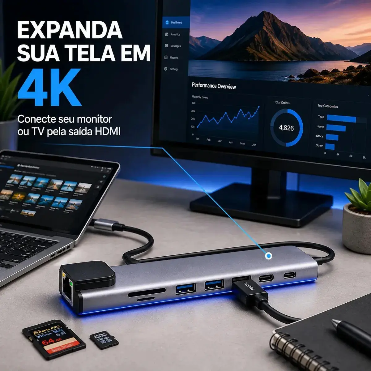Hub USB-C 8 em 1 Komei com HDMI 4K, RJ45 e USB para MacBook e PC thumbnail 3