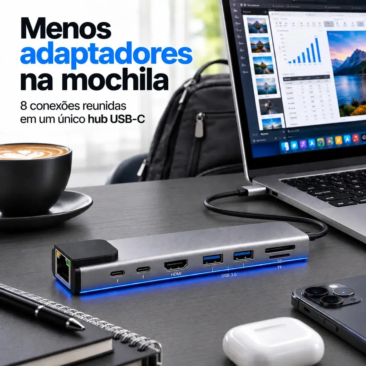 Hub USB-C 8 em 1 Komei com HDMI 4K, RJ45 e USB para MacBook e PC thumbnail 4