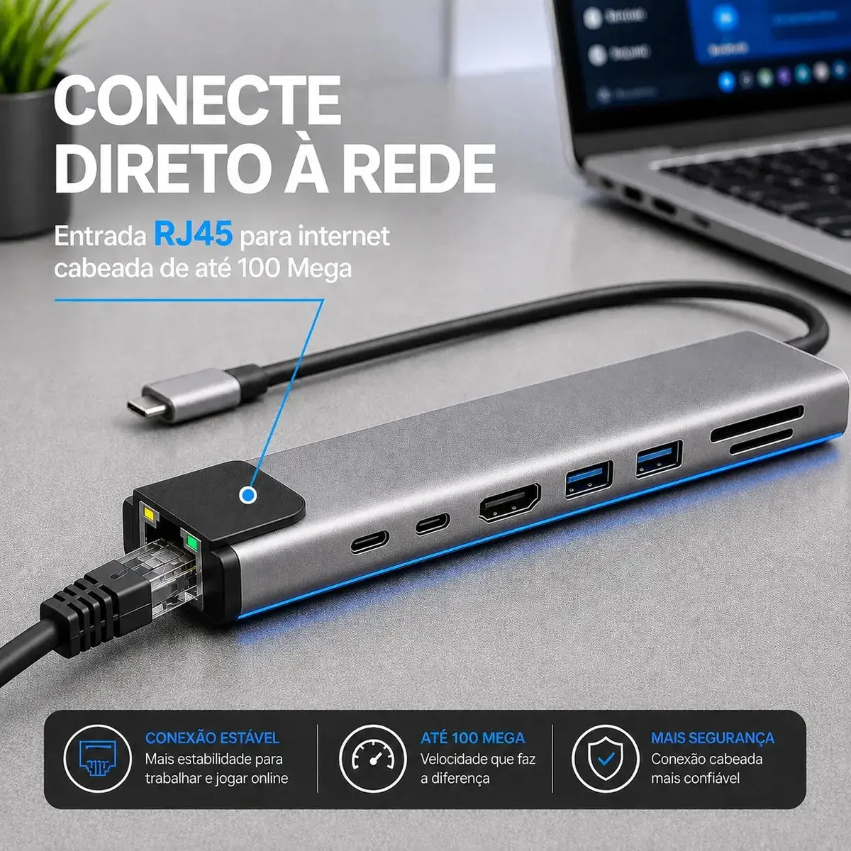 Hub USB-C 8 em 1 Komei com HDMI 4K, RJ45 e USB para MacBook e PC thumbnail 5