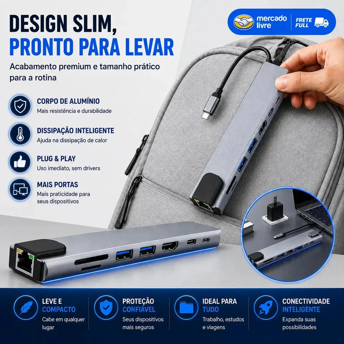 Hub USB-C 8 em 1 Komei com HDMI 4K, RJ45 e USB para MacBook e PC thumbnail 6