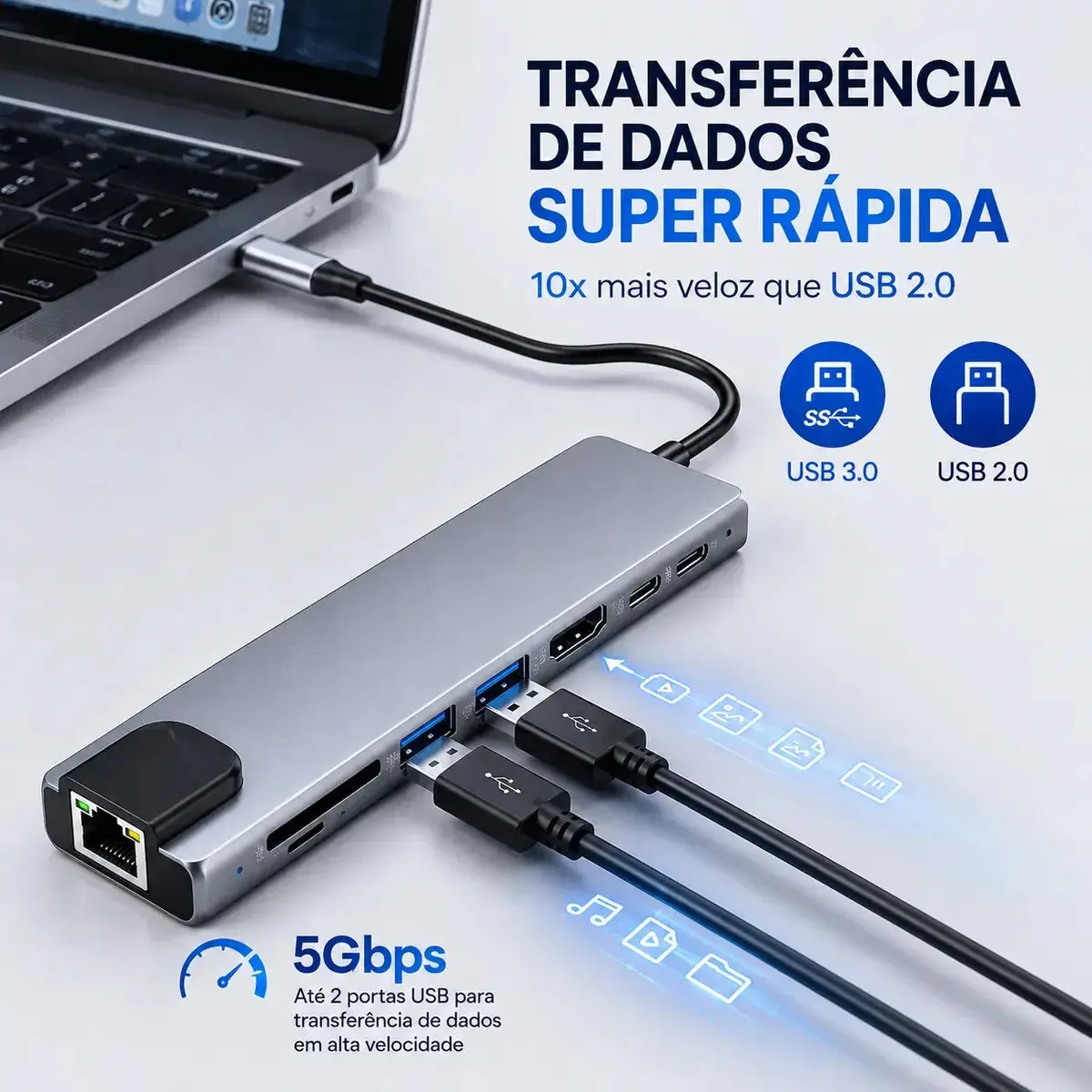 Hub USB-C 8 em 1 Komei com HDMI 4K, RJ45 e USB para MacBook e PC thumbnail 7