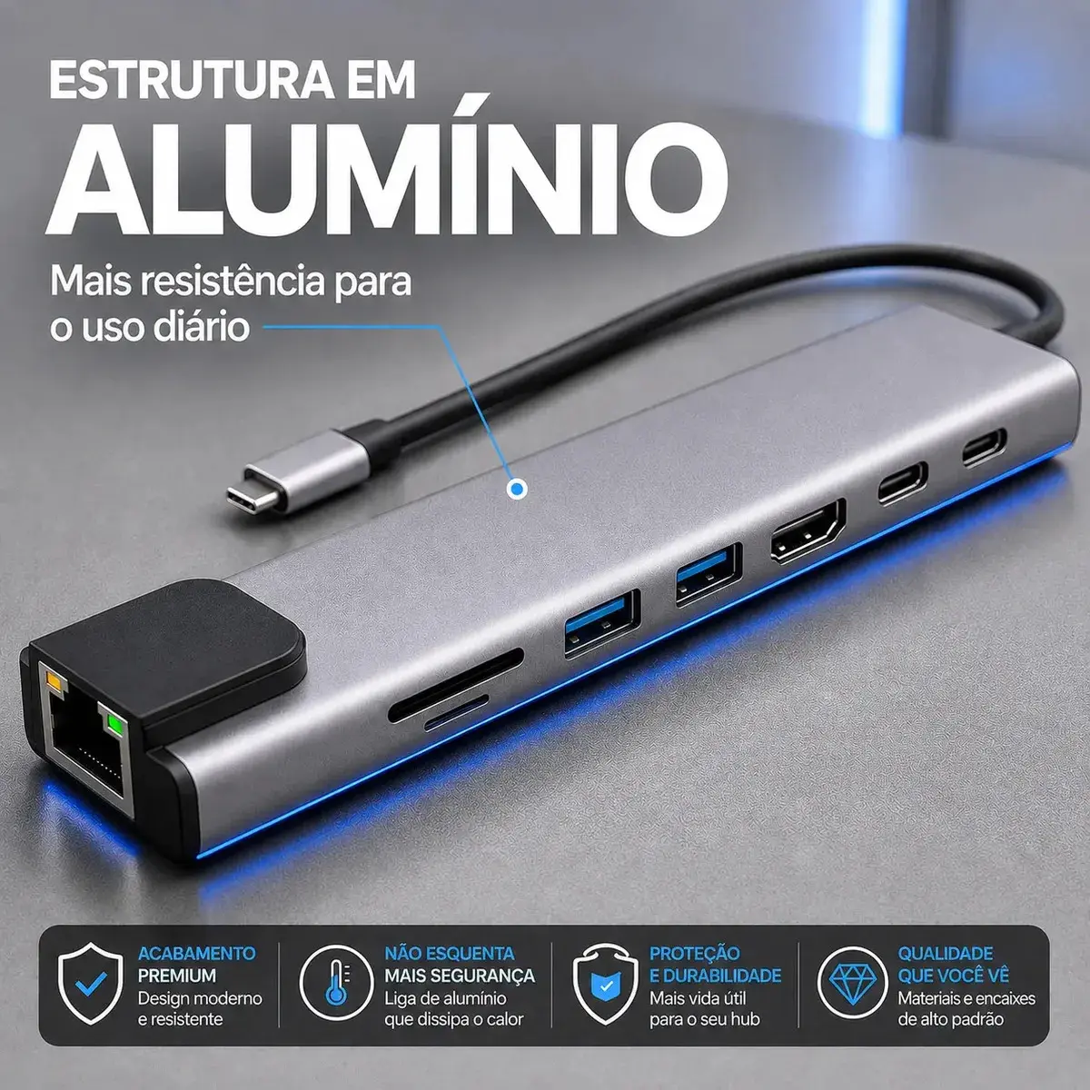 Hub USB-C 8 em 1 Komei com HDMI 4K, RJ45 e USB para MacBook e PC thumbnail 8