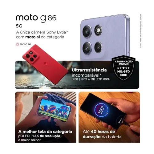Smartphone Motorola Moto g86 5G - 256GB 24GB (8GB RAM+16GB Ram Boost) Tela 1.5K pOLED, 50MP Sony camera OIS Moto AI, videos em 4K, IP68 + IP69 - Vermelho thumbnail 4