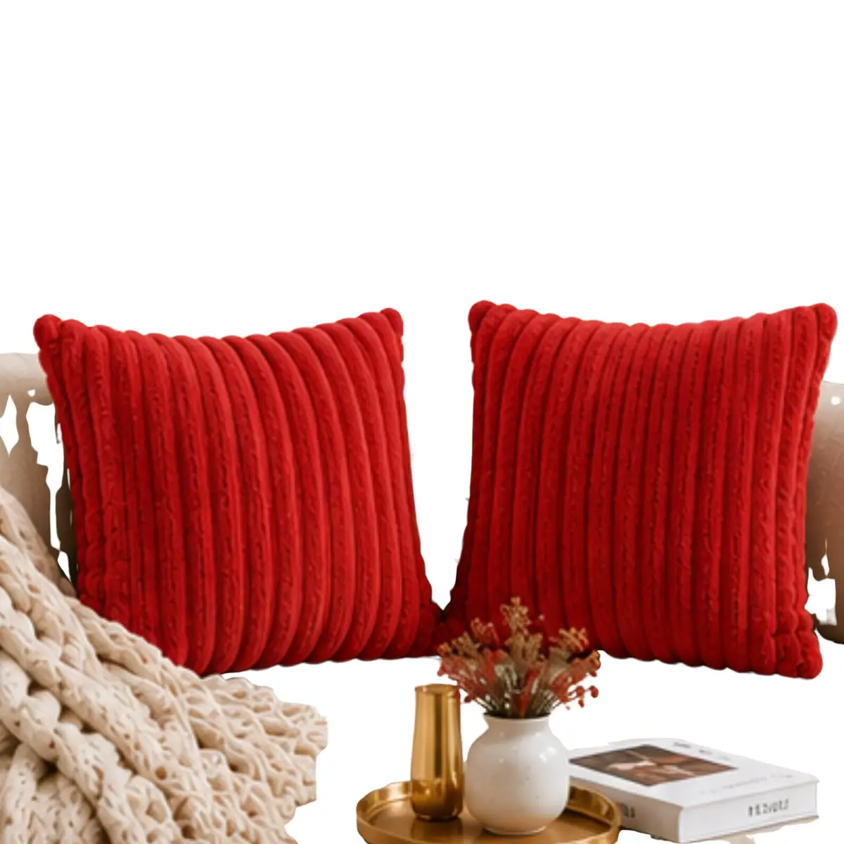 Capa de Almofada, Kit com 2 Capas Decorativas em Pelúcia, Plush, Luxuoso, Toque Suave, Desenhos em Relevo, Sala - Casa e Decoração (Vermelha)