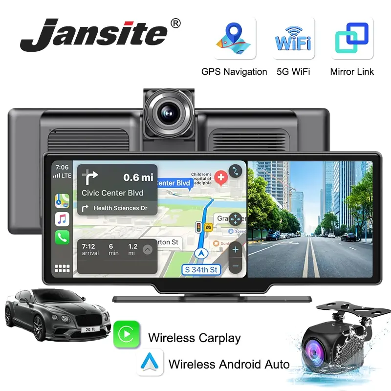 10.26 ''Trim Cam 4K Espelho Do Carro Reprodutor de Vídeo Sem Fio Carplay Android Auto GPS Monitor de Carro Multimídia Câmera Retrovisor Painel