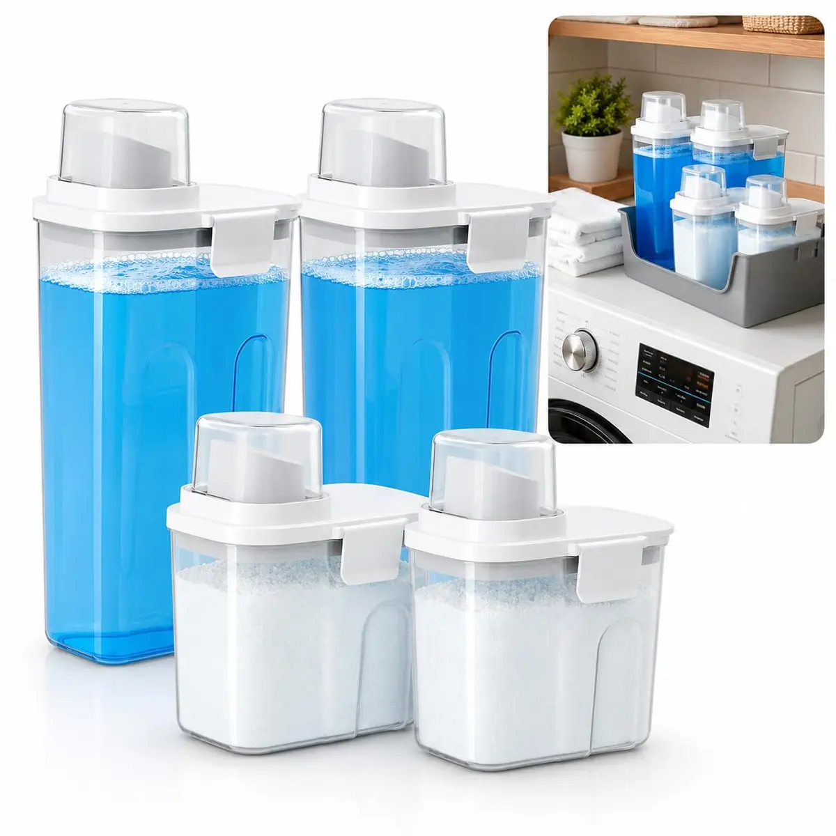 Kit Organizador para Lavanderia com 4 Dispenser Hermético BPA Free para Sabão Líquido, Sabão em Pó, Amaciante, Detergente e Produtos de Limpeza – Alta Capacidade 1,6L e 2,4L - Branco