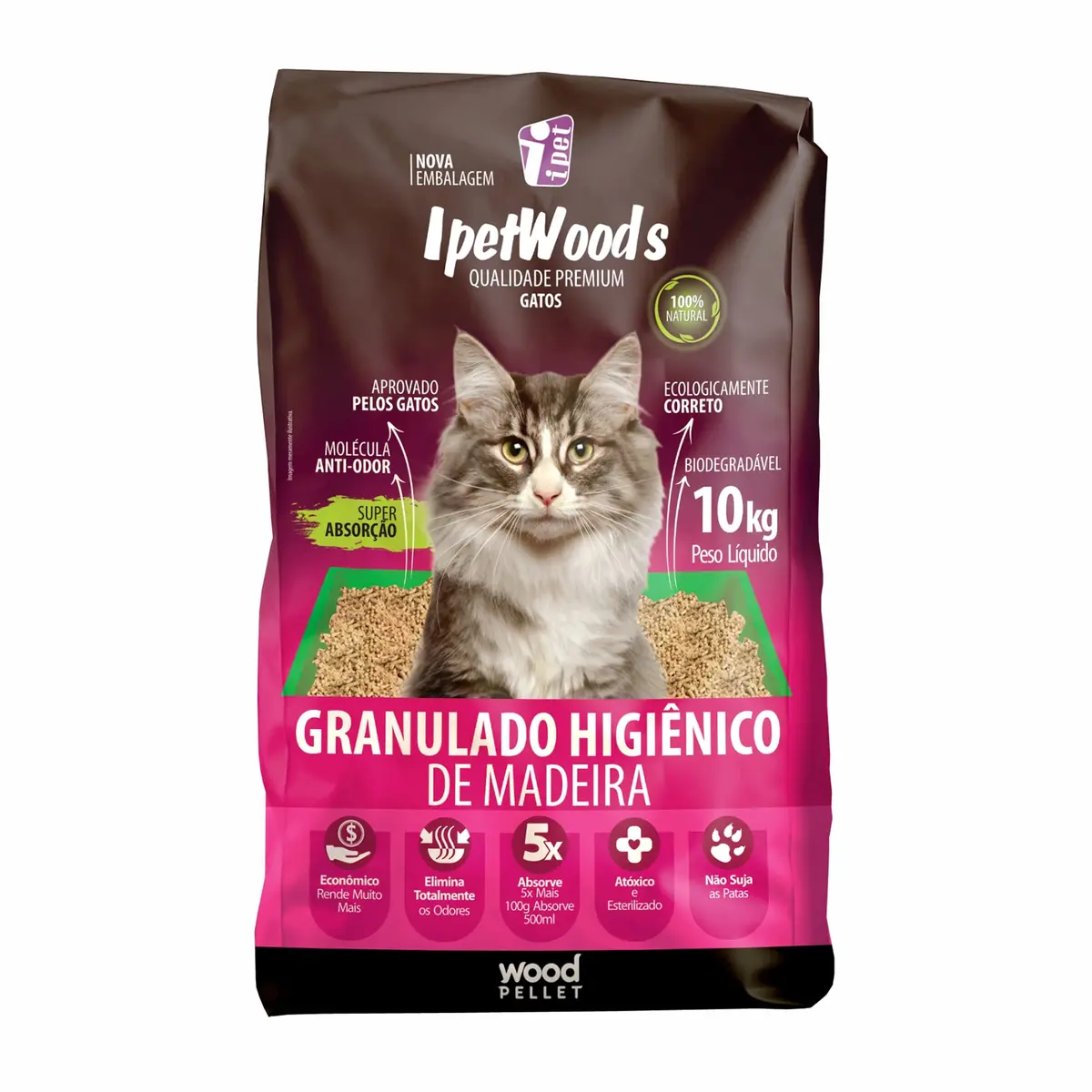 Granulado Higiênico de Madeira para Gatos iPet Wood's, 10kg