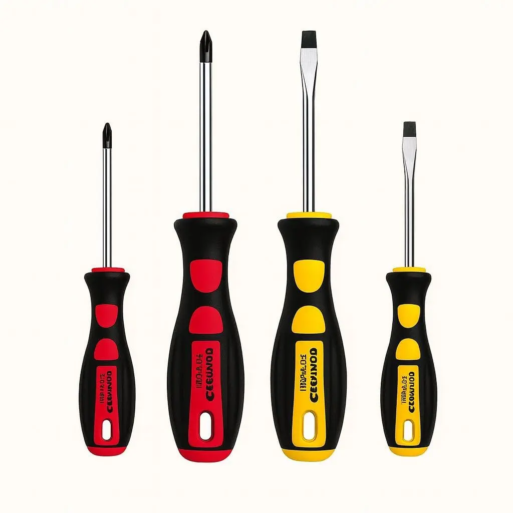 Kit 4 Chaves de Fenda e Phillips Magnéticas 5x75mm e 6x100mm | Jogo com 4 chaves manuais: 2 Fenda e 2 Phillips nos tamanhos 5x75mm e 6x100mm, com pontas magnéticas e cabos antiderrapantes